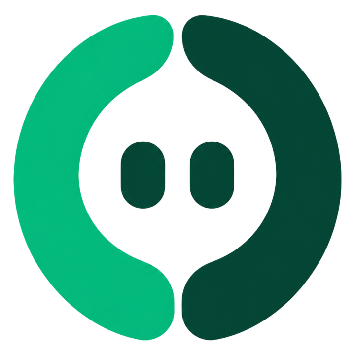 OpenMeme logo: light green arc left, dark green arc right, two eyes between